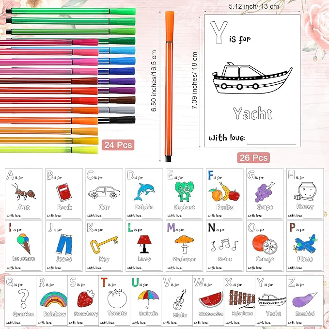 Geelin 51 Pcs Fun Baby Shower Game Activities First Abc Book Sign Coloring Game Card 26 Alphabet a to Z Coloring Card with 24 Watercolor Pen Storage Bag for Baby Shower Party(Floral)