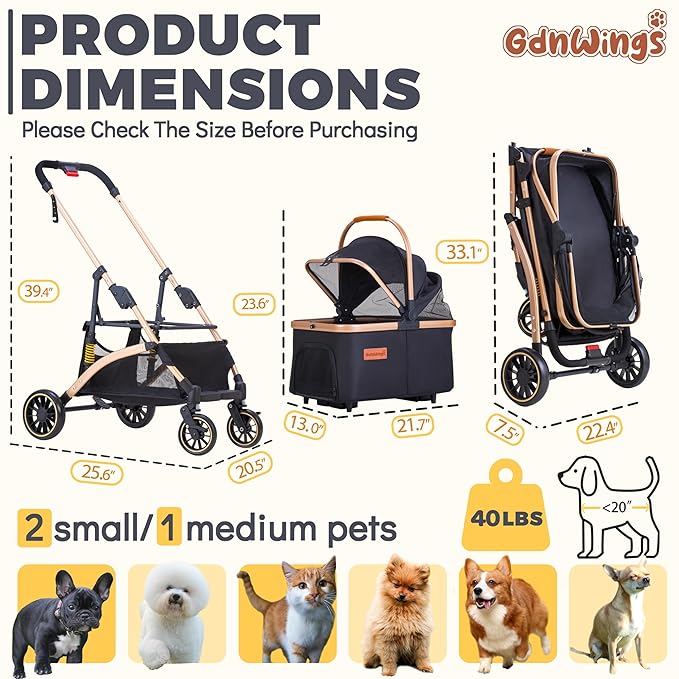 Pet Stroller for Small Medium Dogs, Lightweight Small Dog Stroller for Dogs Cats with 6 Shock Absorption System, Detachable Carrier Suitable for Car Seat & Hand Carry, Safe Outings