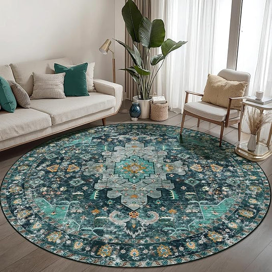 Ciicool Washable Area Rug Round 6’x6’ Teal Boho Bedroom Rug Non-Slip Oriental Carpet Throw Rug Low-Pile Indoor Floor Carpet for Dining Room Living Room Laundry Foyer Decor (Teal/Multi)