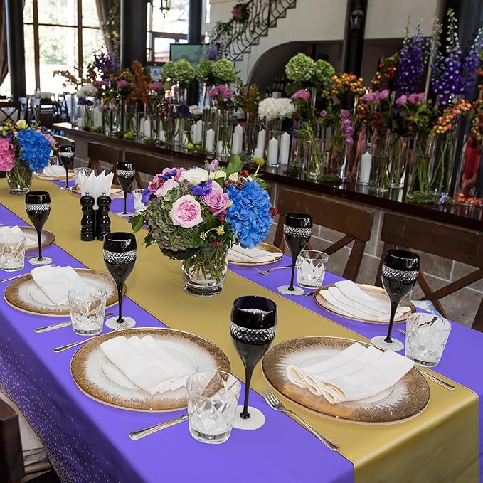 8Pack Disposable Plastic Tablecloths and Satin Table Runner Set Purple and Gold Dot Tablecloth Gold Satin Table Runner for Wedding Birthday Baby Shower Anniversary Christmas New Year Party Supplies