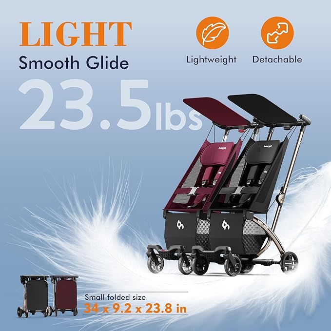 Beberoad Love R1 Auto-Folding Ultra Lightweight Double Stroller Twin Strollers, Side by Side Stroller for Babies Aged 6-36 Months, Only 23.5 lbs, Can Turn into Two Single Strollers, Red and Black