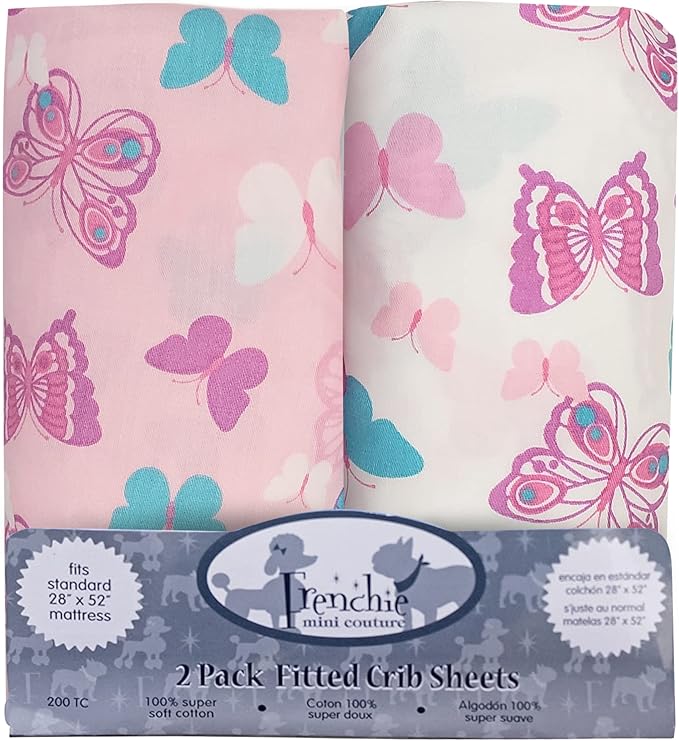 Crib Sheets 2 Pack, 100% Woven Cotton, Fitted Mattress Covers, Fits Standard Size Toddler Bed 28 x 52 x 8in, Butterfly