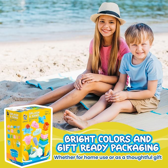 Splash & Sand Adventure Set – Beach Toys for Toddlers with 18 Pcs Stacking Cups, Watering Can, Bucket, Shovels, Rake, Toy Car Sand Moulds & Storage Basket, Summer Toys for Kids Ages 1+