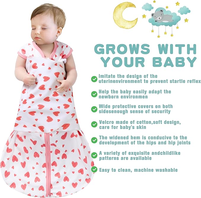 Newborn Sleep Sack Baby Swaddle,Swaddle me 6-12 Month,3-Way Adjustable Wearable Blanket,100% Rayon Cotton Swaddling Sleeping Bag,TOG 0.5 (Love, 6-12 Months)