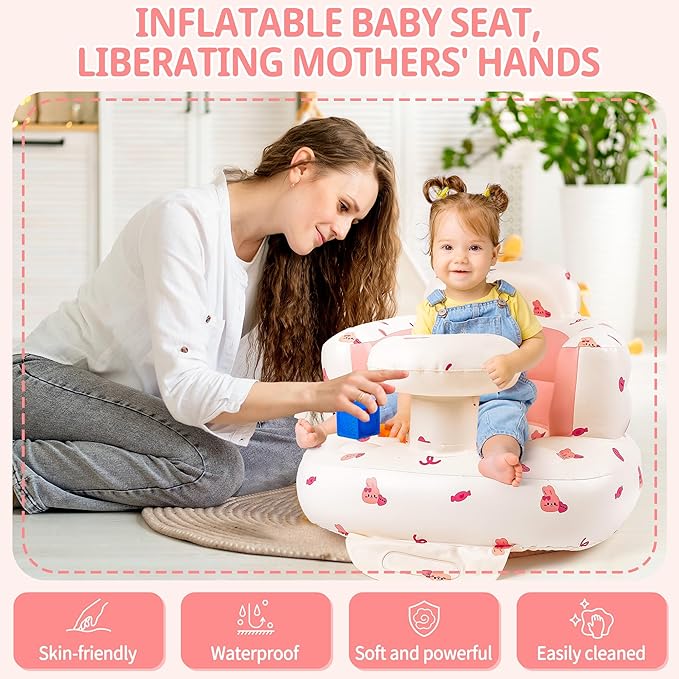 Inflatable Baby Seat for Babies 3-36 Months, Baby Chair with Tray & Built in Air Pump, Blow Up Floor Baby Seat with Back Support, Baby Chair Sit Me Up for Home, Travel (Bunny with Tray)