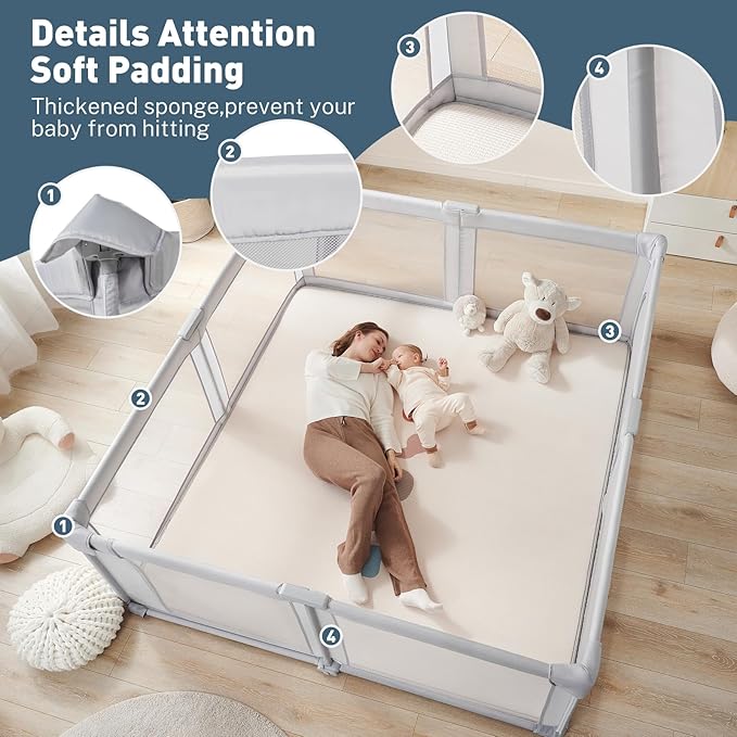 Baby Playpen Portable, Pre-Assembled Play Pen 71x79 Large Foldable Playpen for Babies and Toddlers, Sturdy and Safe Toddler Play Yard Indoor Outdoor with Carry Bag, Grey