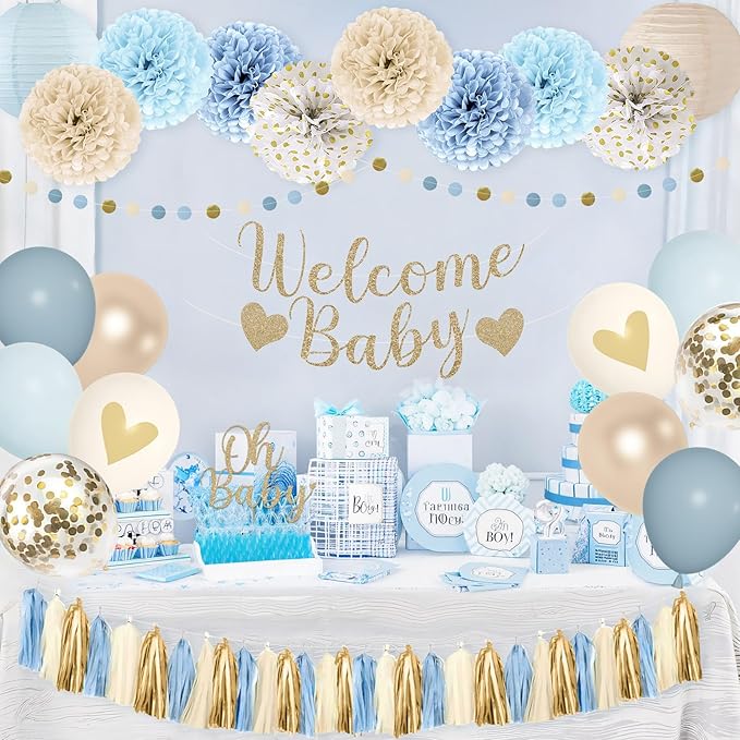 Amandir Dusty Blue Boy Baby Shower Decorations Welcome Baby Banner, Cake Topper, Paper Lantern, Light Blue Balloons, Pom Poms Flowers Tassels, Circle Dots Star Garland, Birthday Party Supplies