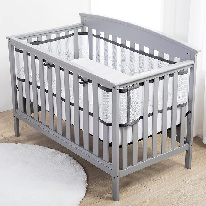 BreathableBaby Breathable Mesh Liner for Full-Size Cribs, Deluxe 4mm Mesh, Elephants (Size 4FS Covers 3 or 4 Sides)