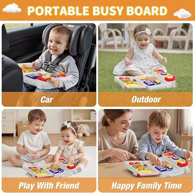 Busy Board for 1+ Year Old, Montessori Sensory Board for Toddlers, Bilingual Learning Toy Travel Musical Birthday Gift for Baby Boys Girls Ages 2 3 4