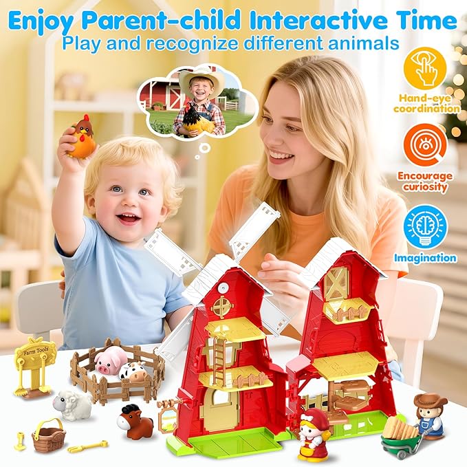 Toddler Toys for 1 2 3 Year Old Boys Girls, Big Red Windmill Barn Farm Animals Toy, Montessori Learning Toys for Toddlers 1-3, Ideal Birthday for Boy Girl Kids, Baby Toy 12-18 Months
