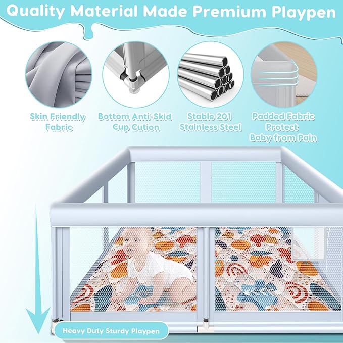 65" ×50" Large Baby Playpen with Mat, Baby Playard for Babies and Toddlers, Play Pens for Indoor & Outdoor, Sturdy Safety Play Yard with Soft Breathable Mesh, Anti-Fall, Grey