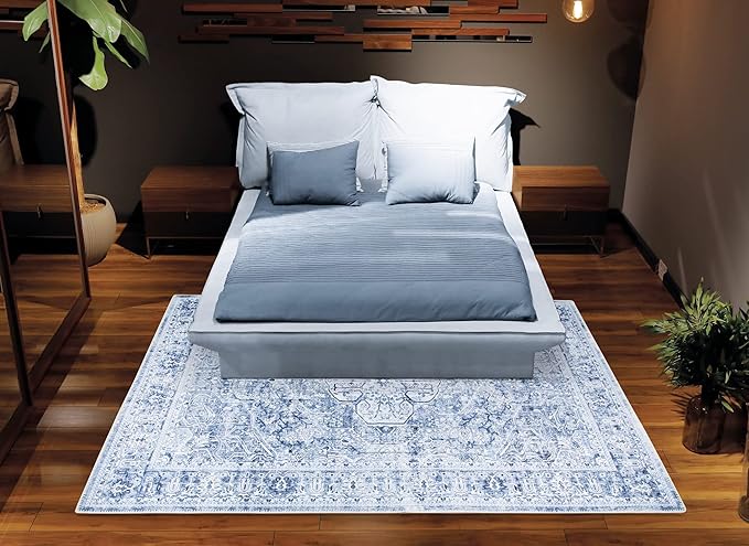 Bloom Rugs Washable Non-Slip 5' x 7' Rug - Ivory/Denim Blue Traditional Medallion Area Rug for Living Room, Bedroom, Dining Room, and Kitchen - Exact Size: 5' x 7'
