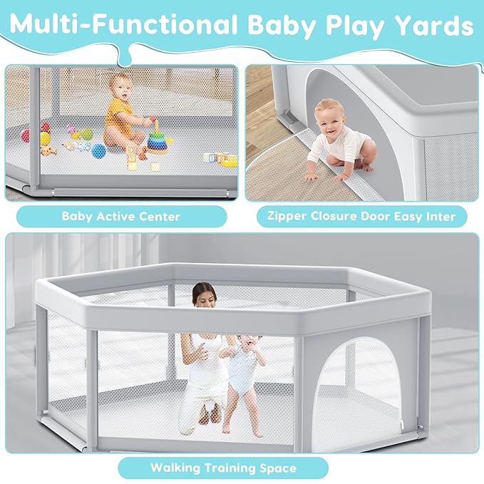 65" ×65" Hexagonal Baby Playpen, Baby Playard for Babies and Toddlers, BabyFence Play Pens for Indoor & Outdoor, Sturdy Safety Play Yard with Soft Breathable Mesh, Anti-Fall, Grey