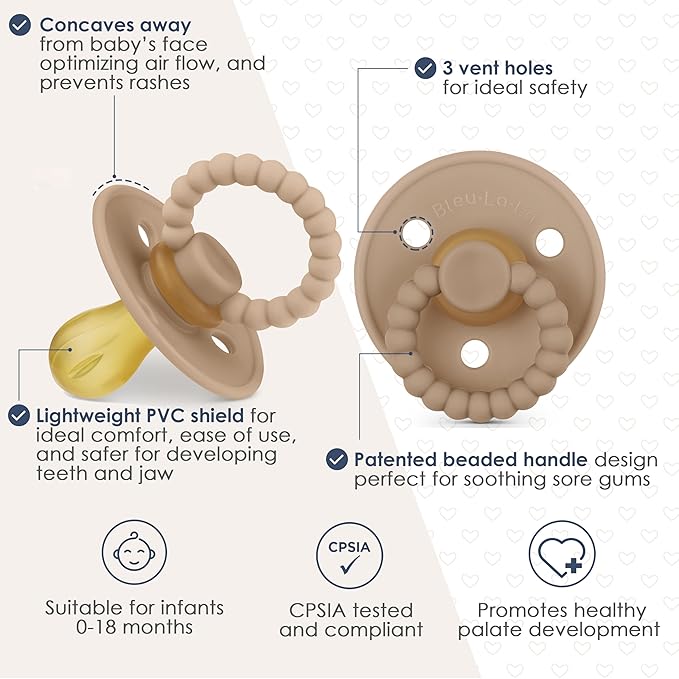 Luladream Pacifier - Natural Rubber Nipple - Soft Teething Handle - for Infants Baby's and Toddlers, 0-18 Months (Sky Blue + Ash Blue)