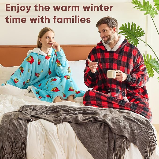 yescool Wearable Blanket Hoodie, Flannel Sherpa Fleece Blanket Sweatshirt for Adults Women Men, Big Plush Cozy Hooded Blanket with Hood, Pocket & Sleeves, Large, One Size Fits All (Red Checkered)