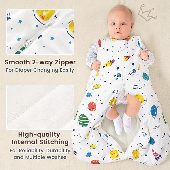 PHF 100% Cotton Baby Sleep Sack 12-18 Months, 2.5 TOG Winter Baby Wearable Blanket with 2-Way Zipper, Warm Comfy Quilted Sleeping Bags, Infant Sleeping Sack for Newborn Boys, Large Size, Space
