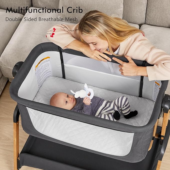 Bassinet Bedside Sleeper, Rocking Bassinets with Comfy Mattress and Wheels for Newborn, 5-Height Adjustable (Black)