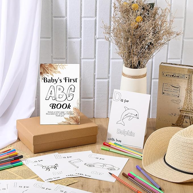 Geelin 51 Pcs Fun Baby Shower Game Activities First Abc Book Sign Coloring Game Card 26 Alphabet a to Z Coloring Card with 24 Watercolor Pen Storage Bag for Baby Shower Party(Boho)