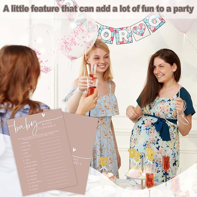 Baby Shower Games - Pink Baby Word Scramble + 1 Answer Card, 30 Sets Gender Reveal Party Decorations - F07