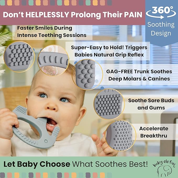 Teethers for Babies 6-12 Months - Baby Elefun 5x Pain Relief Toddler Teether. No More Ouch for Mom Anti Bite Trainer. Nurtures Grasping, Passing, Hand Eye Coordination. Silicone Baby Teething Toy Ring