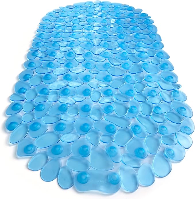 “Pebbles” Non-Slip Bathtub & Shower Mat 27”x14” Oval - Non-Toxic - Safe, Clean, Machine-Washable, Superior Grip & Drainage, Vinyl, for Smooth Floors ONLY, Transparent Light Blue