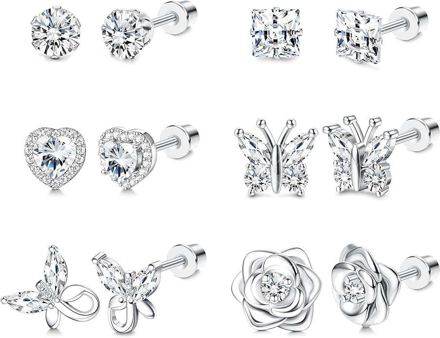 THUNARAZ Hypoallergenic Screw Back Earrings for Girls Women Surgical Stainless Steel Stud Earrings for Sensitive Ears Cute Butterfly Flower Heart CZ Screwback Earring Kid Toddler Girls Jewelry Gift