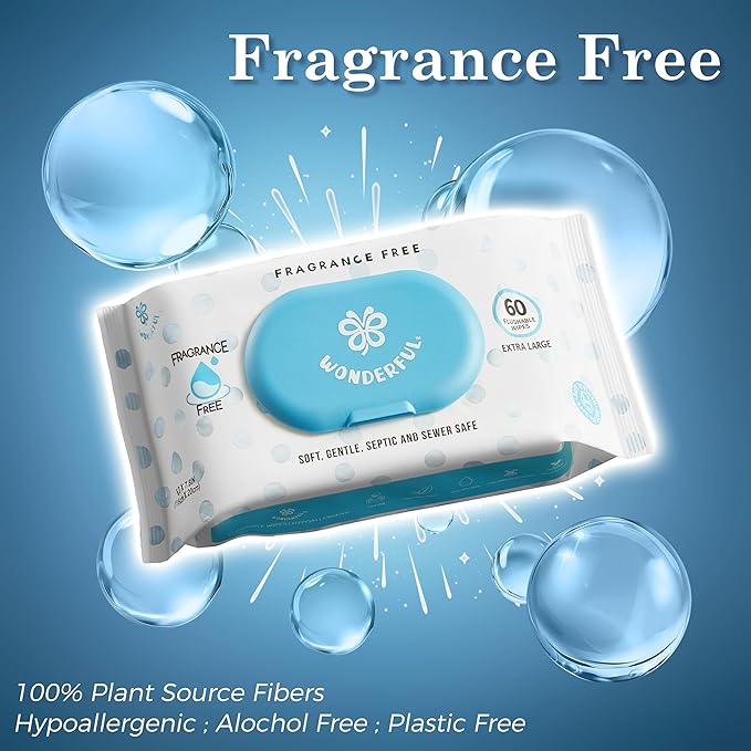 WONDERFUL Flushable Butt Wipes, Unscented 100% Plant-Based Wet Wipes for Adults & Kids, Sewer & Septic Safe, Gentle for Sensitive Skin, Wipes Flushable Pack for Bathroom & Travel, 3-Pack (180 Wipes)