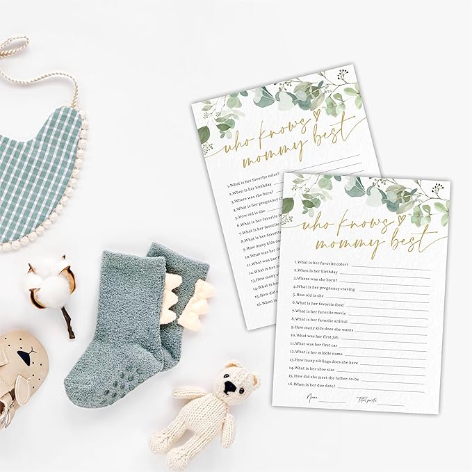 Who Knows Mommy Best Baby Shower Game Cards - Golden Greenery - 30 Double-Sided Fill In Style Game Cards For Gender Reveal, Baby Announcement, Party Games & Activity - D07