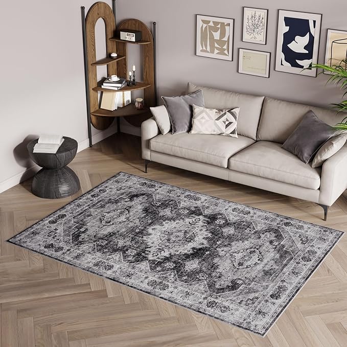 Dripex Vintage Washable Area Rug - 4x6 Distressed Rugs for Living Room Bedroom Oriental Medallion Floral Print Carpet Low-Pile Indoor Soft Non-Slip Accent Rug Farmhouse Office Home Decor