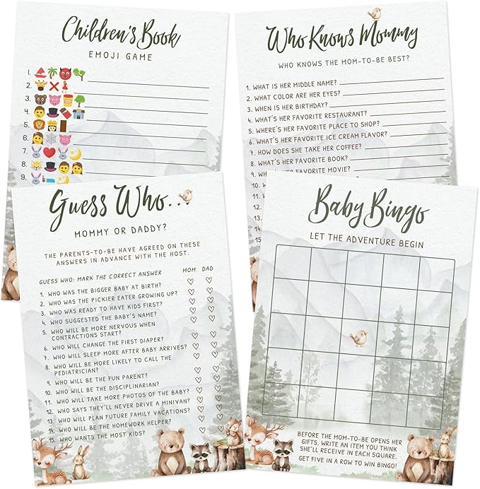 Printed Party Woodland Baby Shower Games for Boy – Set of 4 Games for 30 Guests, Forest Animal Theme, Includes Bingo, Mommy Trivia, Emoji Storybook, and Guess Who