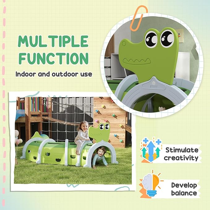 Qaba Crocodile Tunnel, Toddler Tunnel for Kids Crawl and Climb Through, Kids' Play Structure Indoor Outdoor, 4 Sections, Green