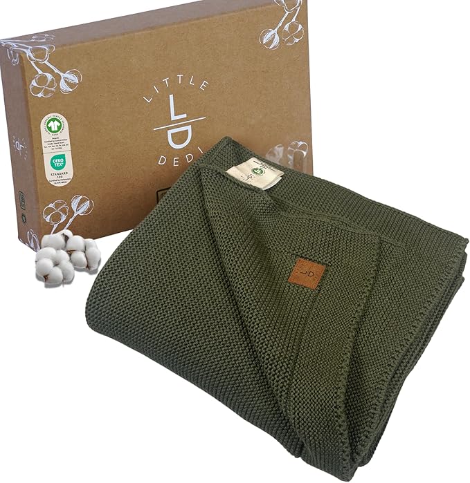 100% Organic Cotton Baby Knitted Blanket with Gift Box - Soft Toddler, Crib, Stroller Blanket - Neutral Swaddle and Receiving Blanket for Newborns, 30"x40", Pepper Green