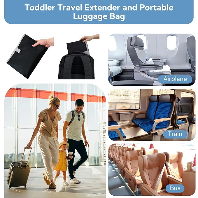 Toddler Airplane Bed, Portable Airplane Seat Extender for Kids, Durable Oxford Cloth – Waterproof and Easy to Clean, Flight Accessories for Toddlers Aged 1–4, Carry-On Compatible, Black
