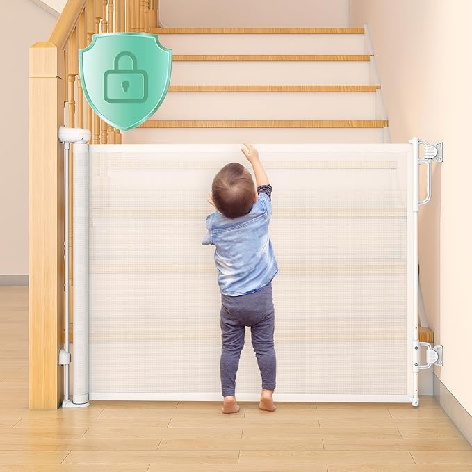 Momcozy Auto Lock Retractable Baby Gate, Safety Gate for Baby and Pet, 33โ Tall, Extends to 55โ Wide, Mesh Safety Dog Gate for Stairs, Indoor, Outdoor, Doorways, Hallways