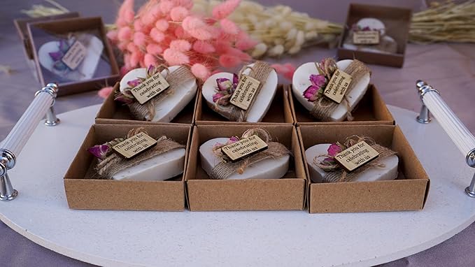 Heart Shaped Soaps 12-Pack, Handmade Scented Mini Soaps for Bridal Shower Party Favors, Tea Party, Wedding, Baby Shower & Engagement Gifts for Guests, Thanks You for Celebrating with Us Wooden Tag