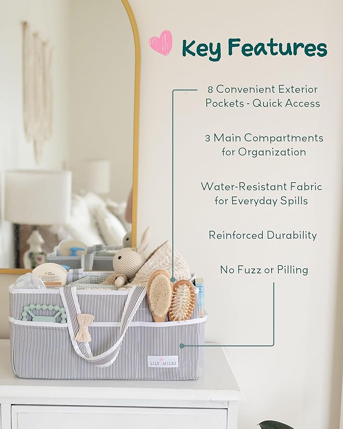 Lily Miles Baby Diaper Caddy Organizer, Baby Shower Basket for Newborn Boys or Girls, Nursery Must Haves for New Mom, Registry Favorites, Large Storage Tote for Changing Table or Car, Gray