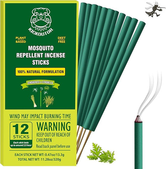KICKOUTOR® Mosquito Repellent Outdoor Patio 12 PCS Natural Citronella Mosquito Incense Sticks DEET Free Mosquito Barrier Repeller for Backyard Travel Camping Indoor Gnat Mosquito Control