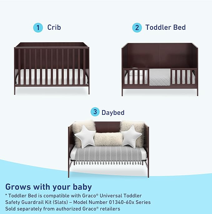 Graco Theo 3-in-1 Convertible Baby Crib (Espresso) - GREENGUARD Gold Certified, Converts to Toddler Bed & Daybed, Fits Standard Full-Size Baby Crib Mattress, 4 Adjustable Mattress Heights