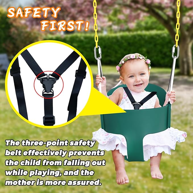 High Back Full Bucket Toddler Swing Seat with 3- Point Adjustable Safety Harness, 66 inch Detachable Chain,Suitable for Babies Aged 6-24 Months,Baby Swing for Swingset (Green)