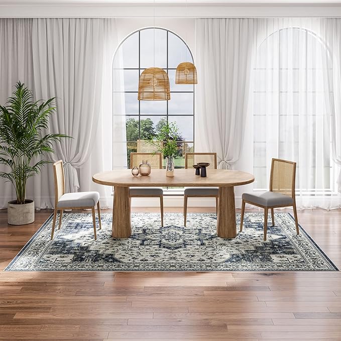 Washable Area Rug 6x9 Living Room Rug Stain & Water Resistant Foldable Thin Vintage Rugs Faux Wool Floor Carpet for Bedroom Dining Room Kitchen Bathroom Farmhouse Office