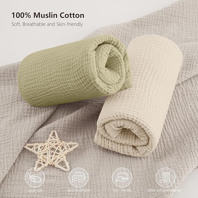 Bearmoss Muslin Mini Crib Sheets for Pack N Play Mattress - 100% Cotton - 38"x26" Soft Breathable Playard Baby Crib Sheets Neutral for Boys Girls - 2 Pack (Oat Latte)