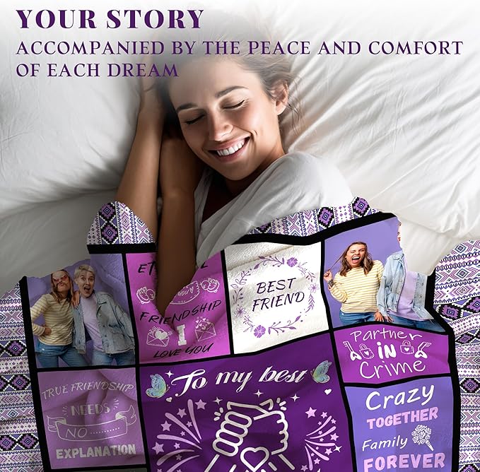 BFF Best Friend Custom Personalized Blanket Thow Gifts with Photo, Customized Pictures Blankets Gift for Sister Women Girls Christmas Birthday (Purple Grid Friend)