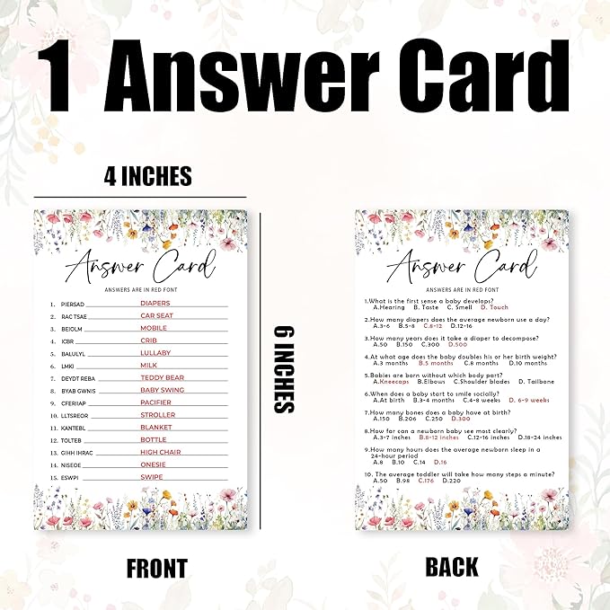 Wild Floral Baby Shower Game - Word Scramble,Baby Trivia-2 Games, 30 Pcs Double Sided Theme Game Cards With 1 Answer Card For Boy Girl, Gender Reveal Games, Baby Shower Favor And Decorations - A06