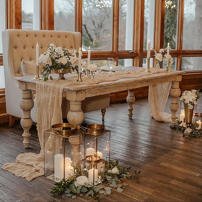 12Pack Beige Table Runner 35 x 120 inch Cheesecloth Table Runner 10FT Boho Table Runners Rustic Gauze Cheese Cloth Table Runners for Party Wedding Birthday Dining Bridal Shower Baby Shower Decor