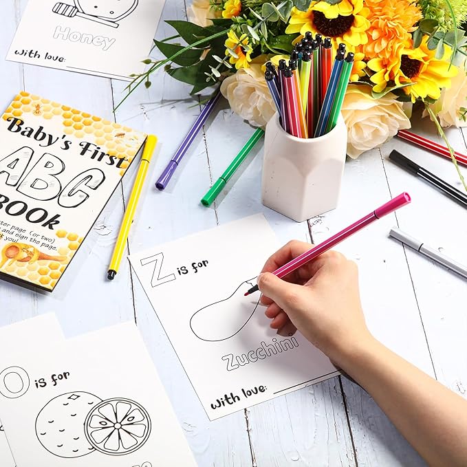 Geelin 51 Pcs Fun Baby Shower Game Activities First ABC Book Sign Coloring Game Card 26 Alphabet a to Z Coloring Card with 24 Watercolor Pen Storage Bag for Baby Shower Party(Bee)