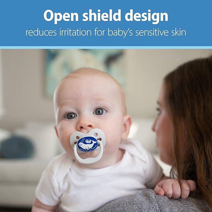 Dr. Brown's Advantage Glow-in-the-Dark Baby Pacifier, Fully Symmetrical Soother with Soft Silicone Bulb, Blue Sunrise-Blue Ocean, 0-6m, BPA Free, 4 Pack