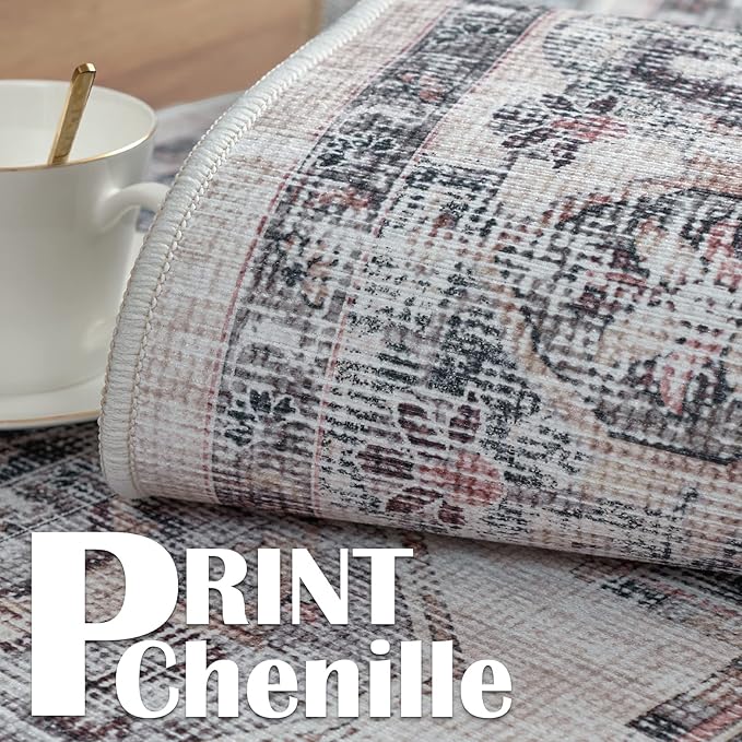 jinchan Area Rug 4x6 Washable Vintage Rug Floor Cover Traditional Thin Grey Multi Distressed Floral Print Indoor Mat for Bedroom Living Room Kitchen Dining Room