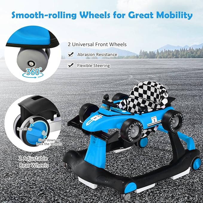 HONEY JOY 4-in-1 Baby Walker, Activity Push Walker w/3 Adjustable Heights, Smooth Wheels w/Adjustable Speed, Padded Seat, Music & Light, Foldable Car Walker for Baby Boys Girls Age 6 Months+ (Blue)