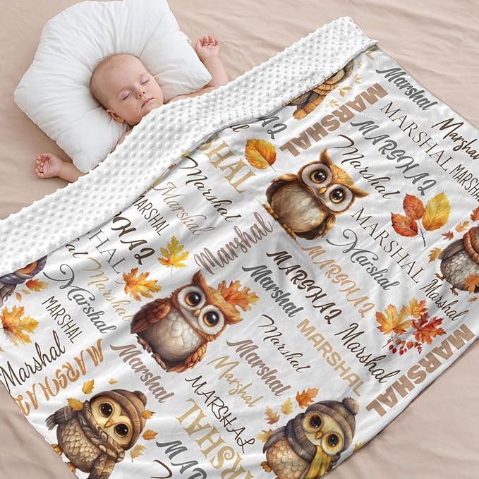 Personalized Baby Blanket for Boys Girls Owl Custom Baby Blankets with Name Dotted Backing Customized Gifts for New Mom Customize Baby Blanket for Kids Newborn Birthday