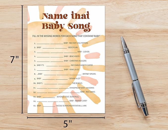 Baby Shower Games for Boy - Boho Sun Name That Song Game, Sunshine Here Comes The Son Gender Reveal - Set of 25 Cards (Bohosun008)